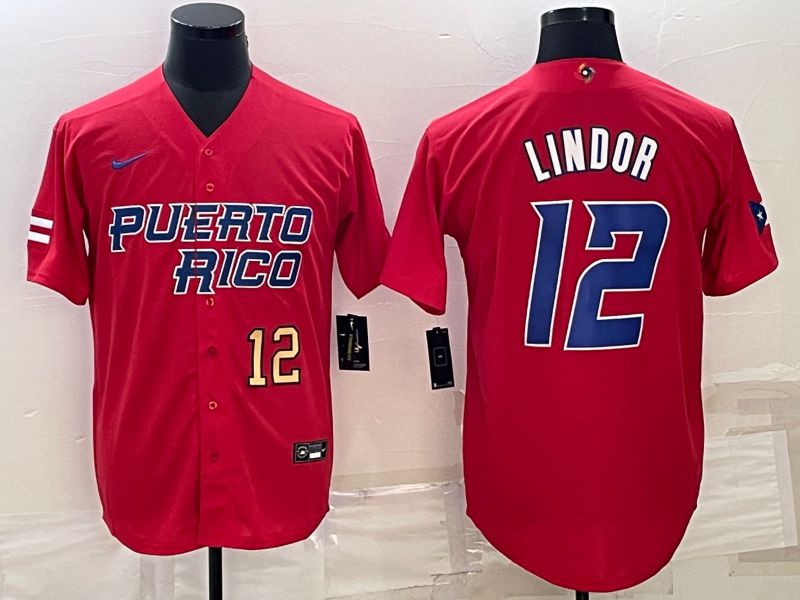 Men 2023 World Cub #12 Lindor Red Nike MLB Jersey5